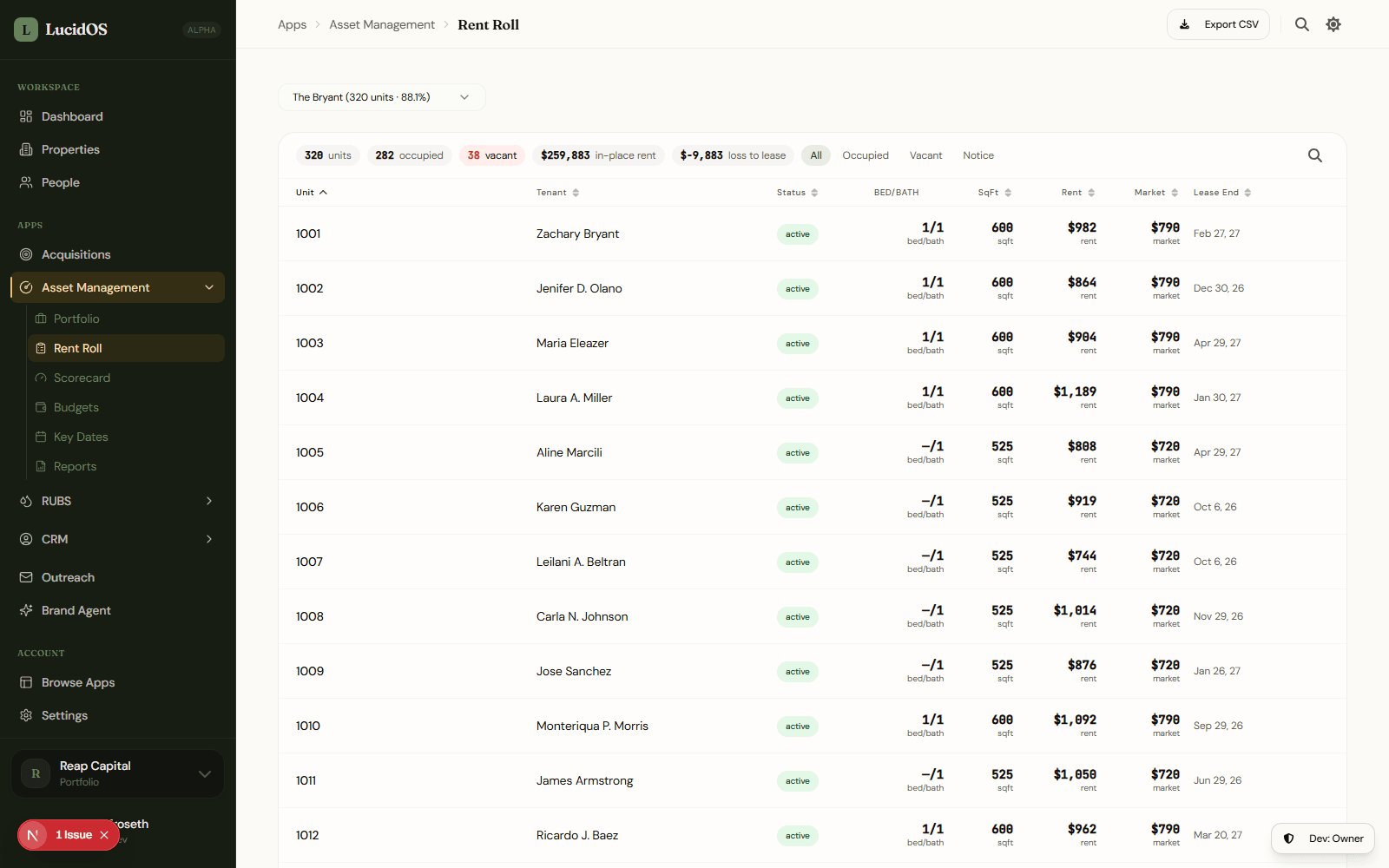 Rent roll with per-unit rent, balance, lease end date