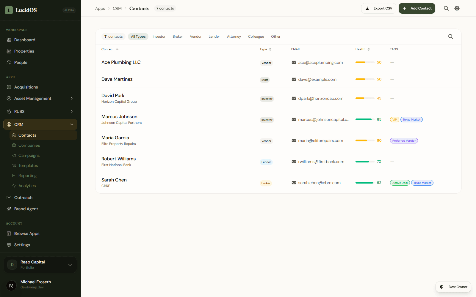 CRM contacts view with VIP, lead, and decision-maker tags