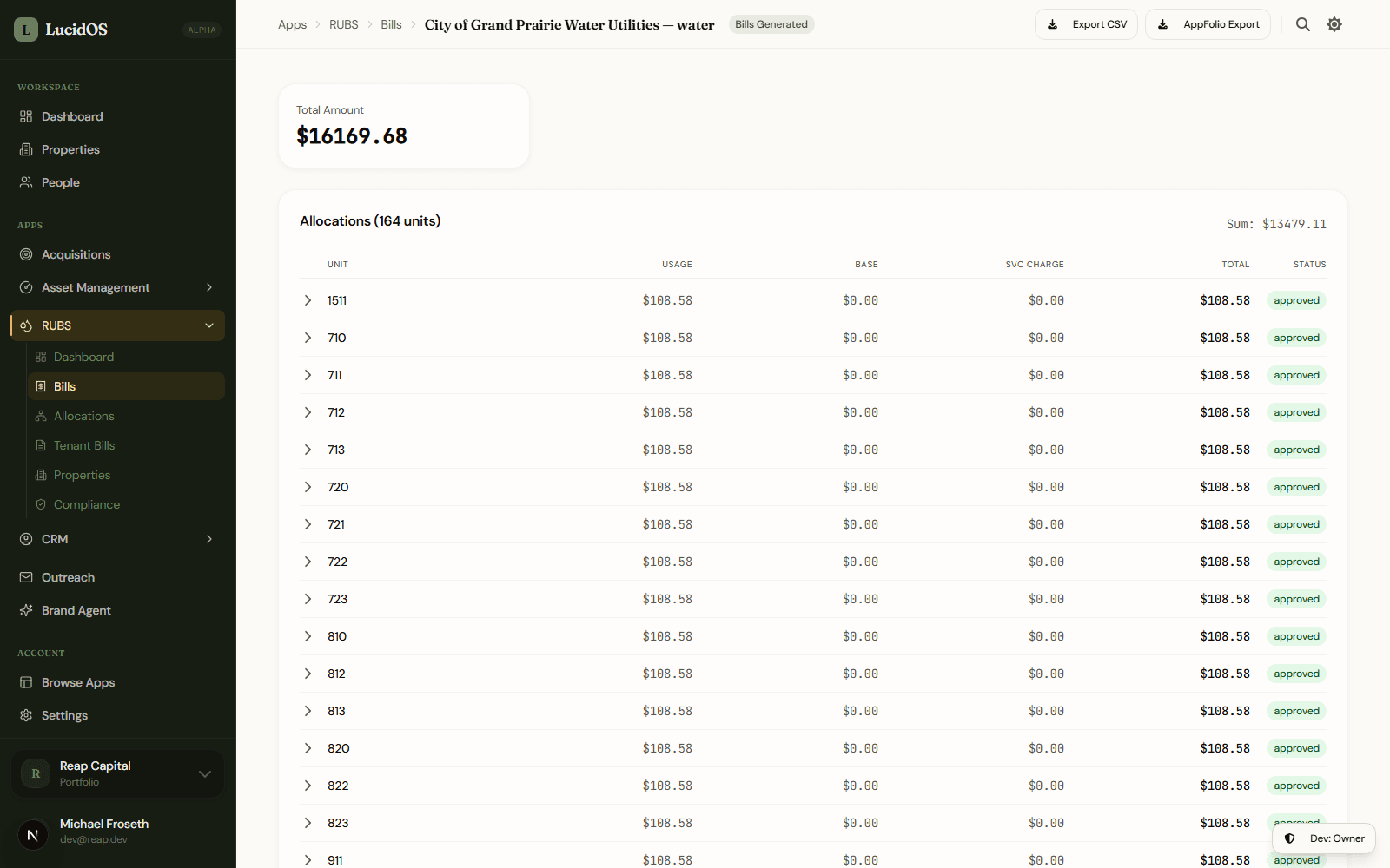 RUBS bill detail showing per-unit water allocation for 364 units totaling $16,169.68