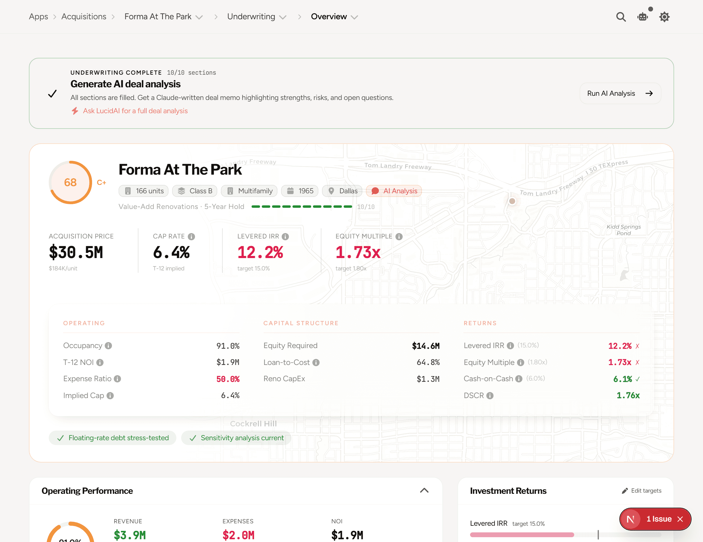 Underwriting overview for a 166-unit Dallas deal: score, acquisition price, cap rate, levered IRR, and equity multiple
