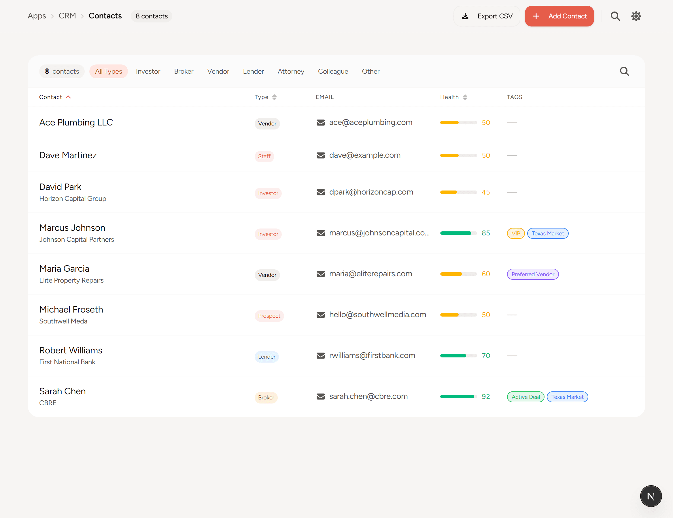 CRM contact roster with investor, broker, vendor, and lender types, health scores, and tags