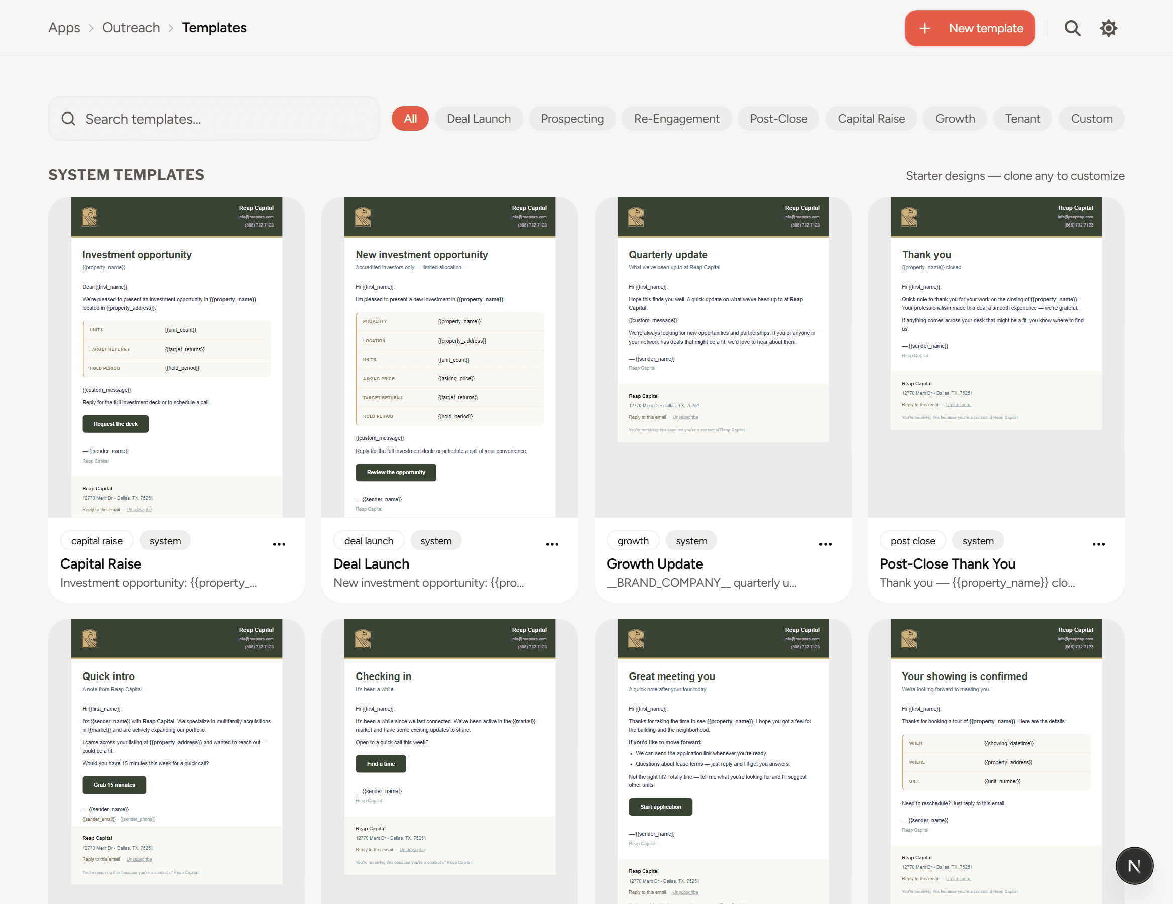Outreach template library: capital raise, deal launch, growth update, and post-close email templates
